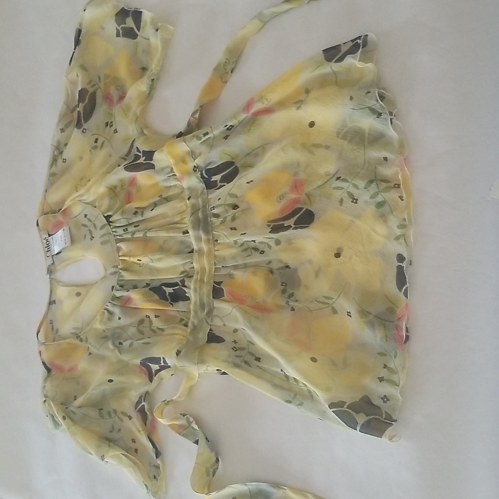 Chloe silk top, baby doll style sz T42, never worn, pale yellow, orange & black